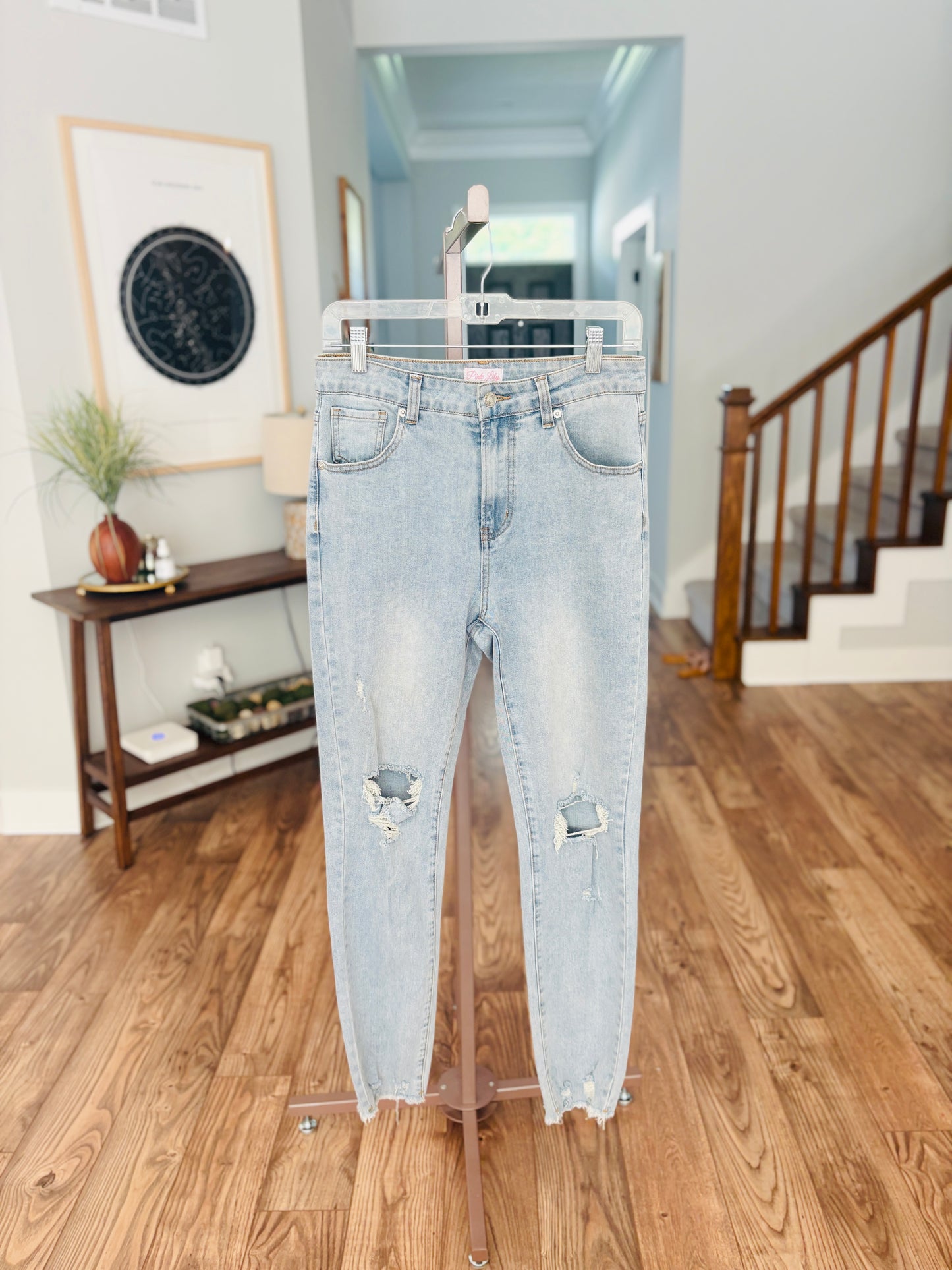 Light Wash Slightly Distressed Straight Jeans