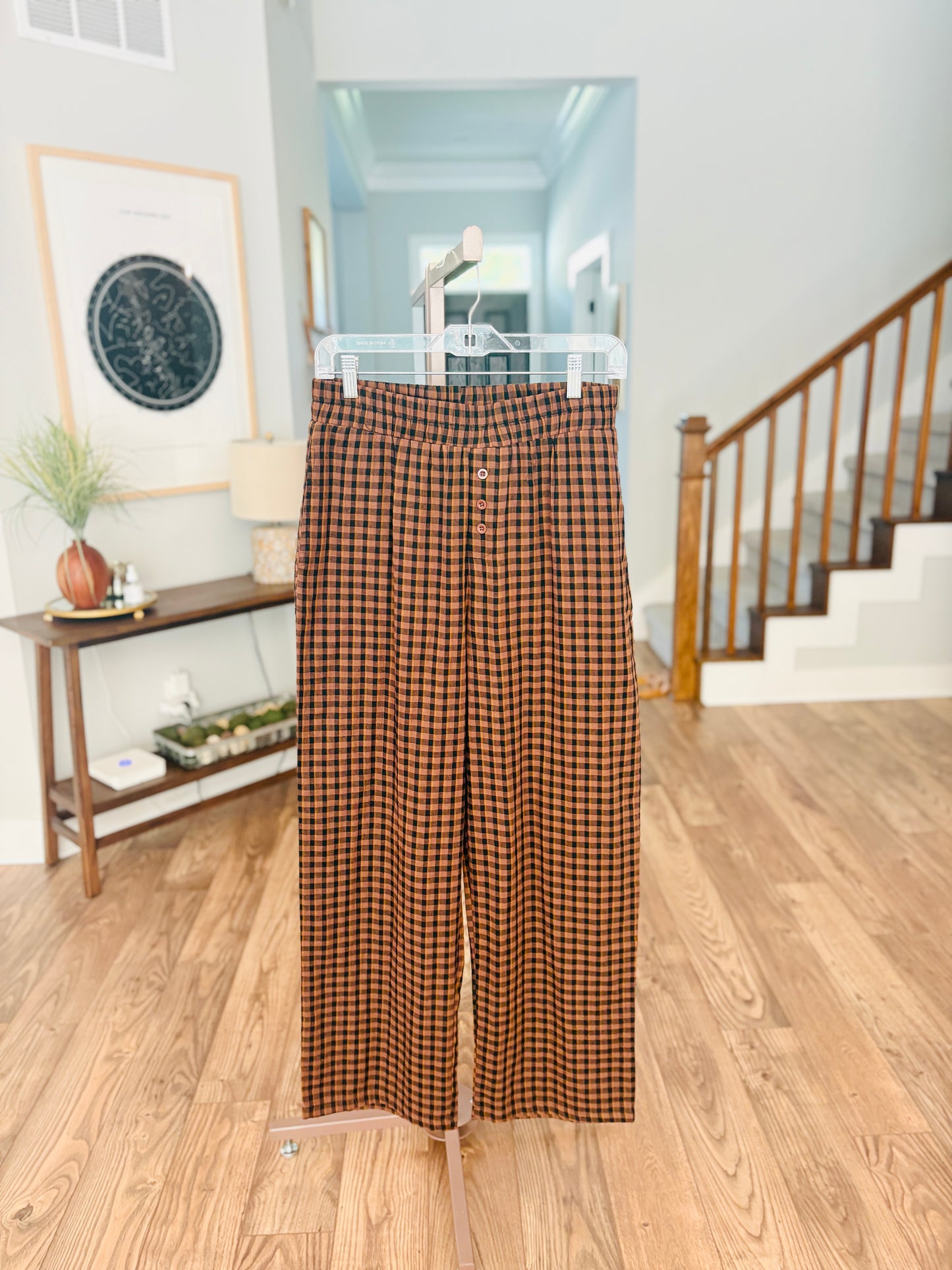 Brown and Black Checkered Print Elastic Pants