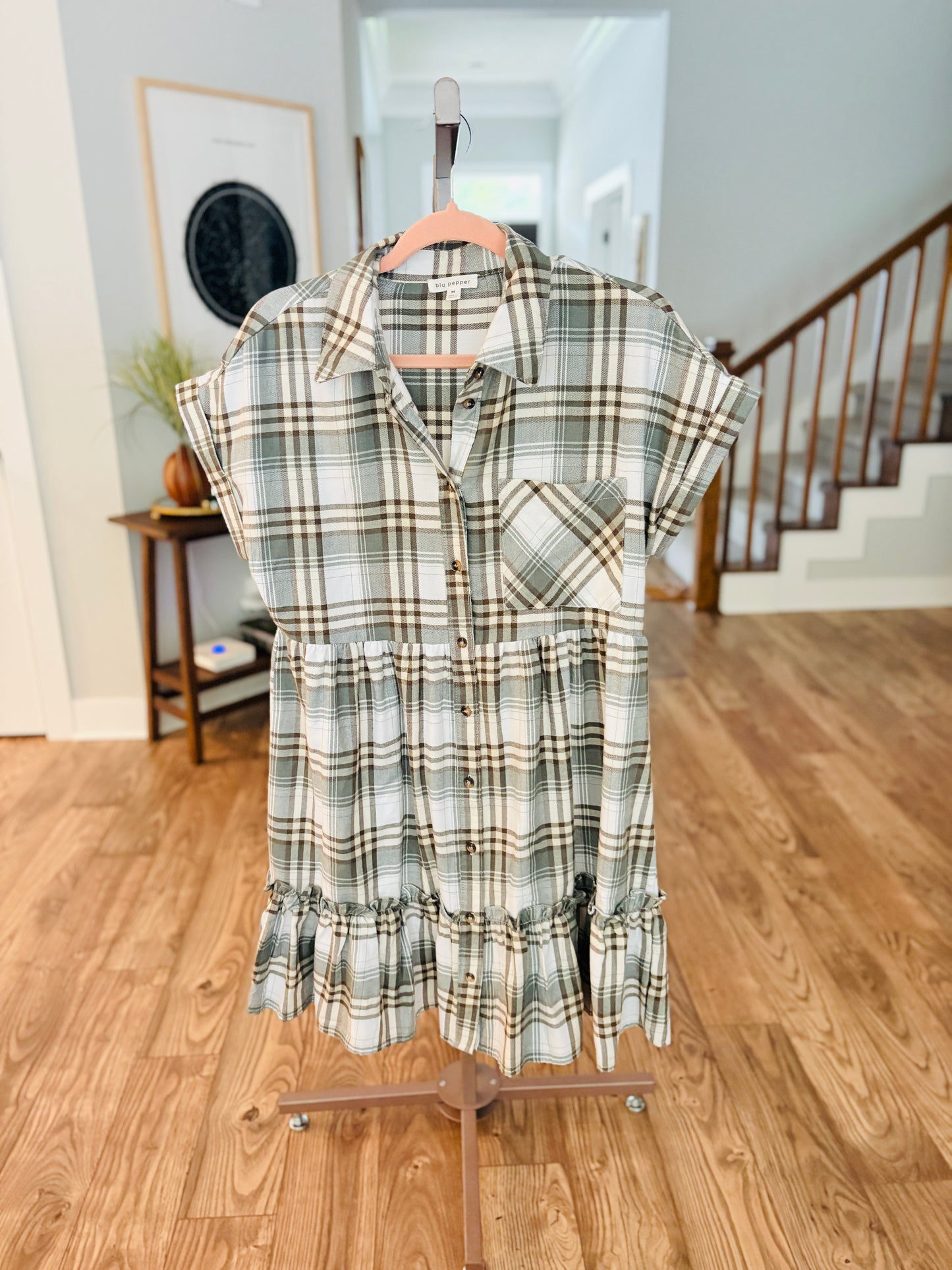 Grey Flannel Print Button Down Dress