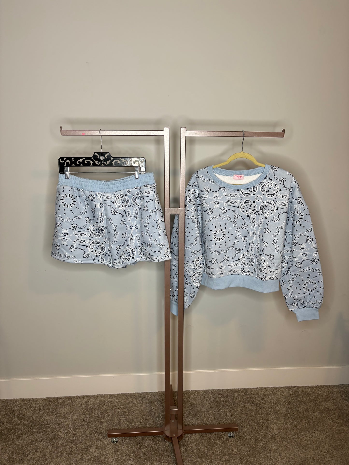 light blue bandana design shorts and sweater set