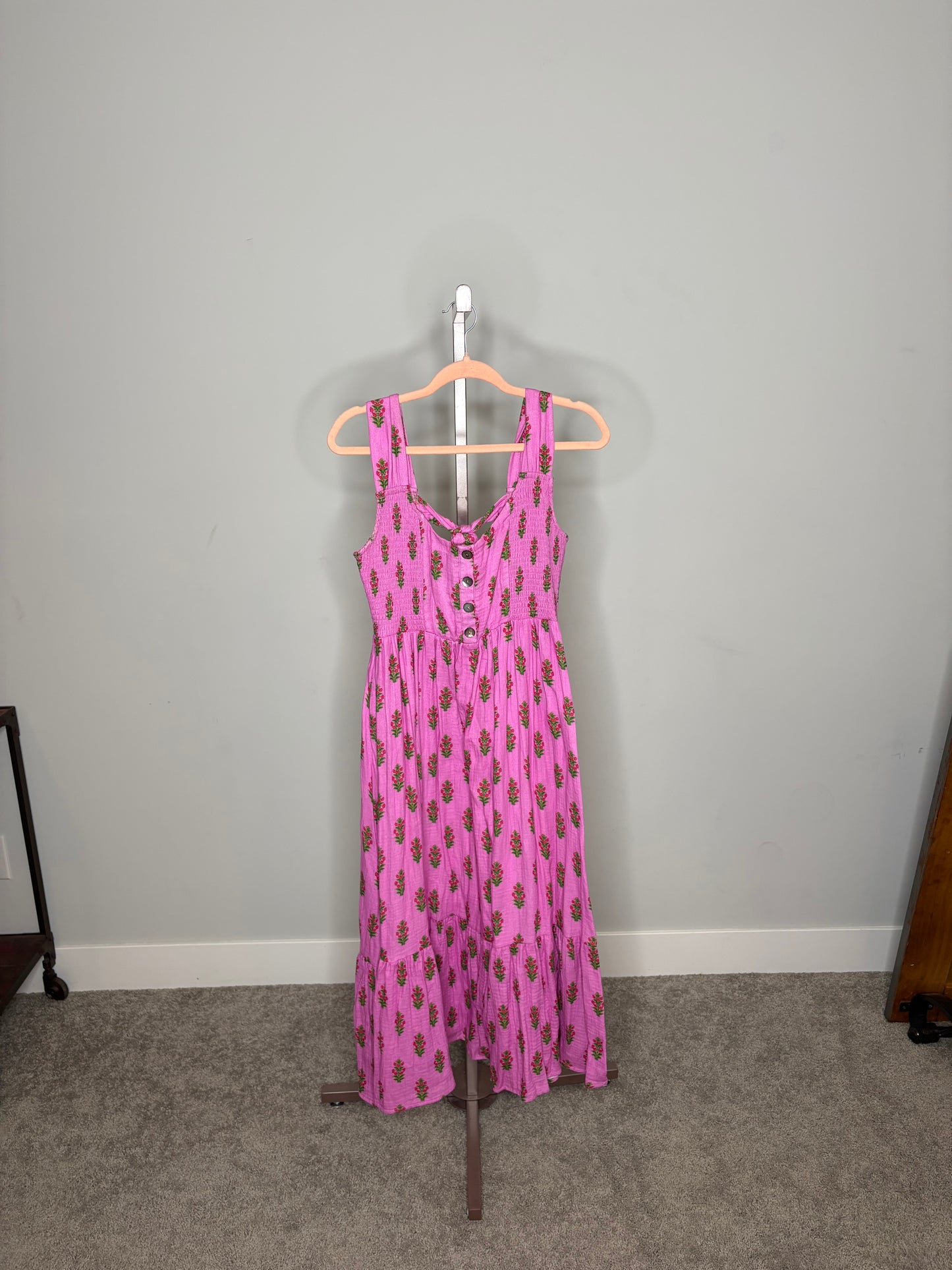 purple sundress dress with green floral pattern