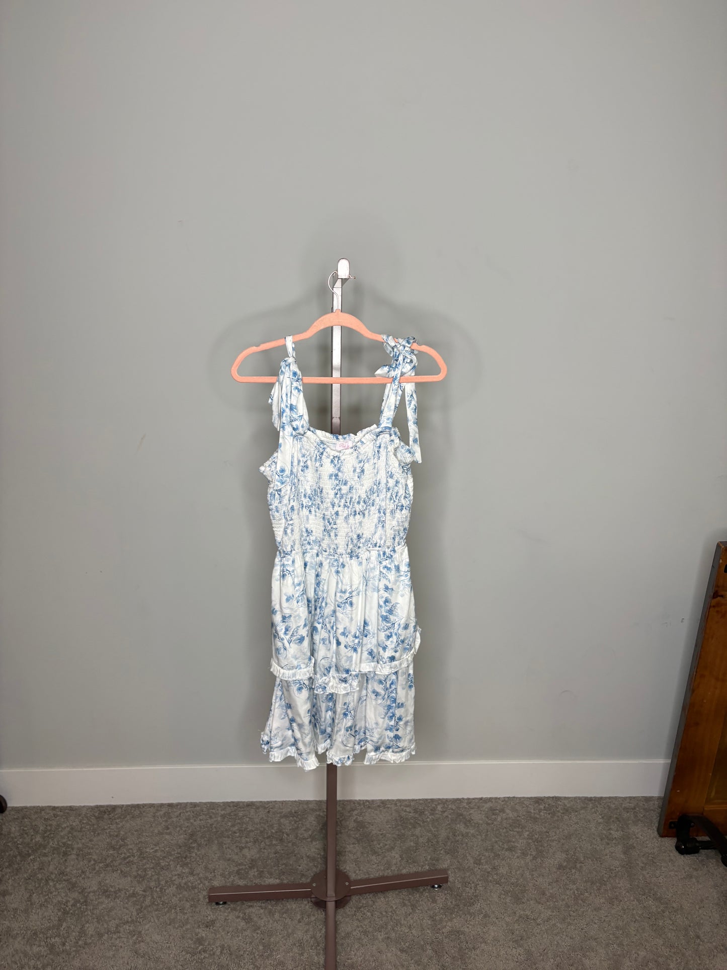 white and blue floral dress