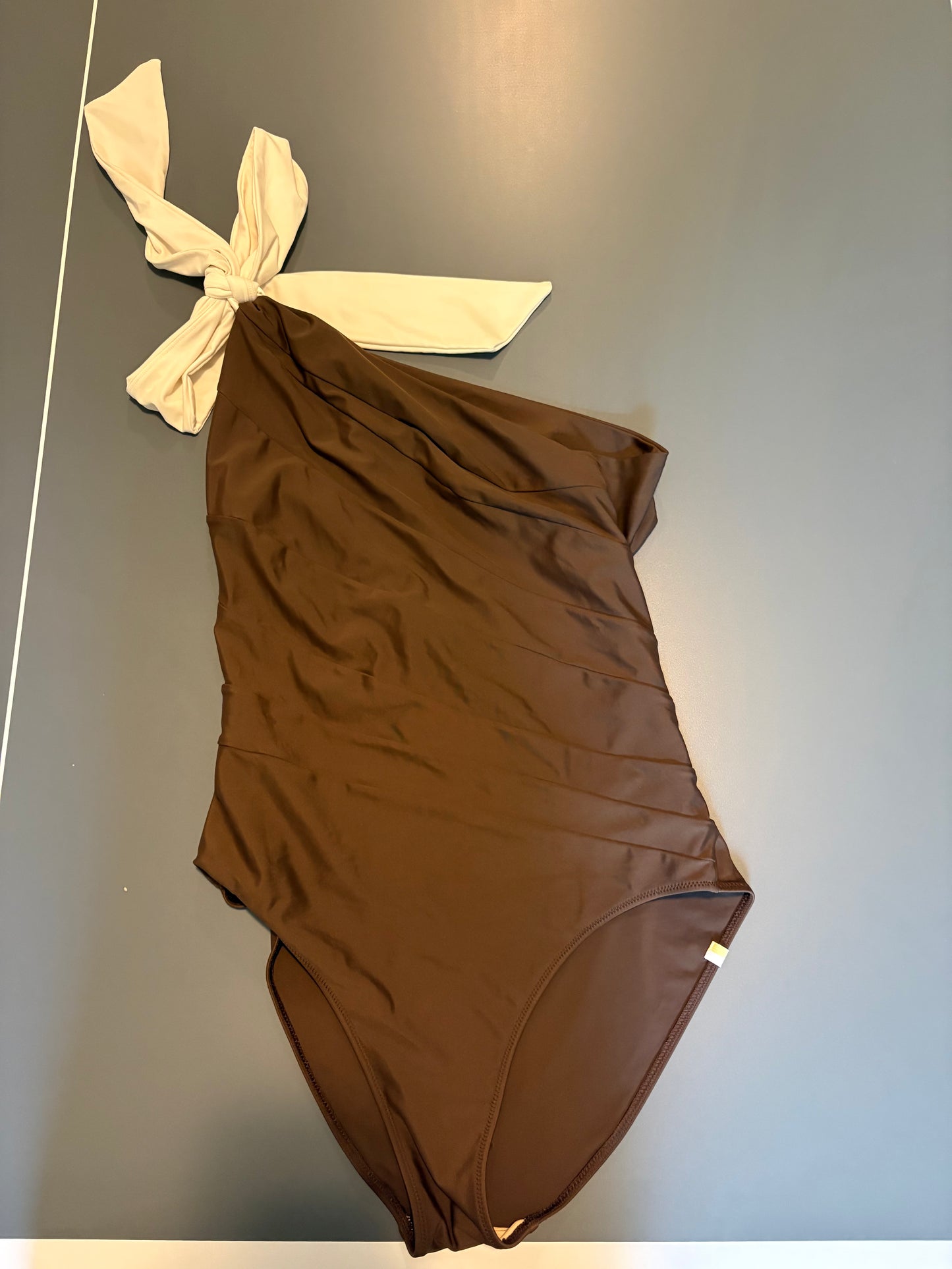 designer Summer Salt brown one piece bathing suit with white bow