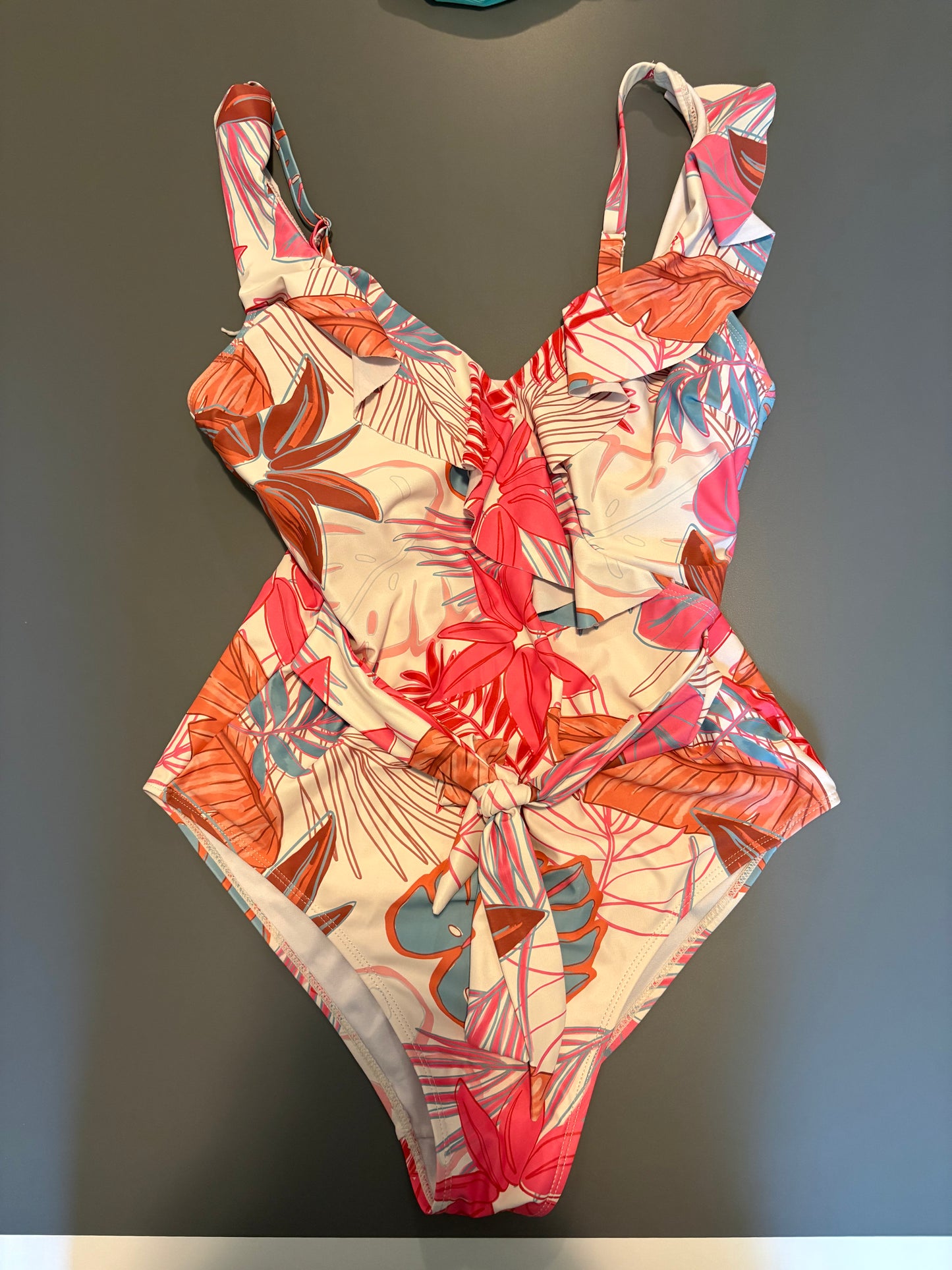 white multicolor floral one piece bathing suit