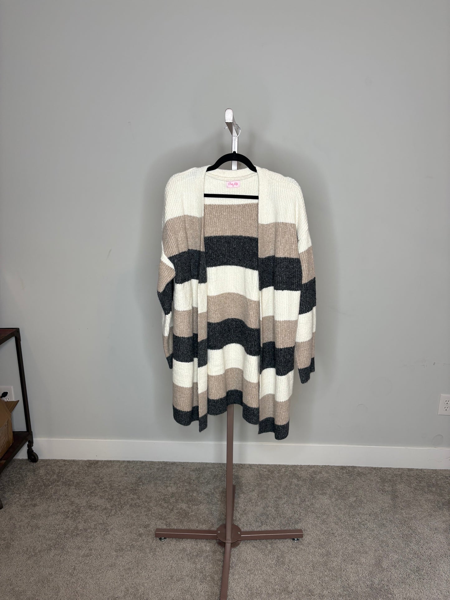 white brown and black cardigan