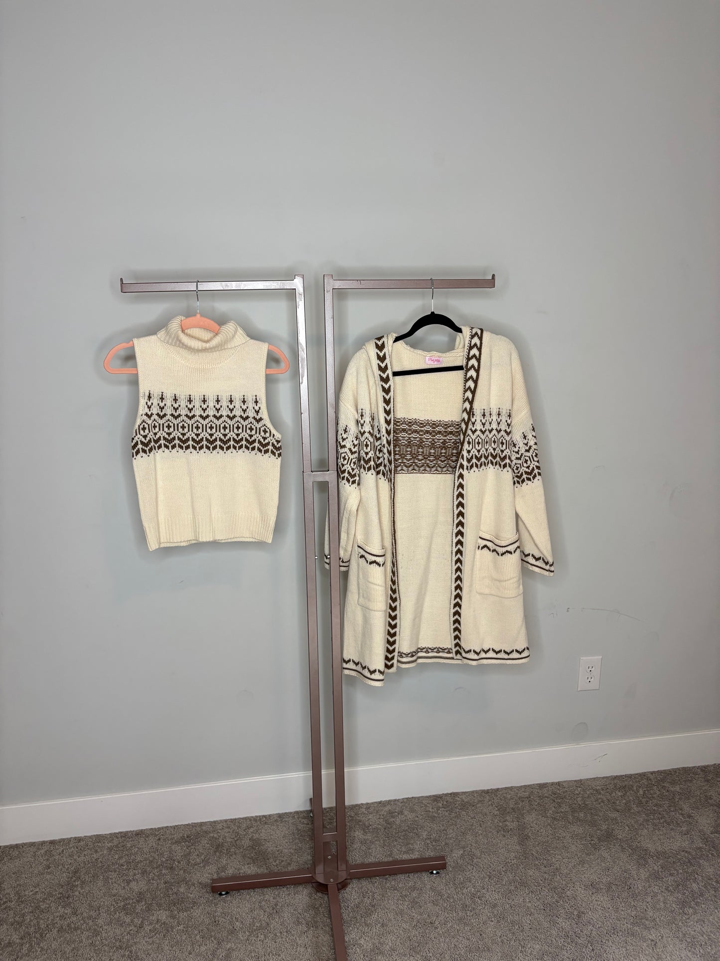 white and brown sweater vest and cardigan set