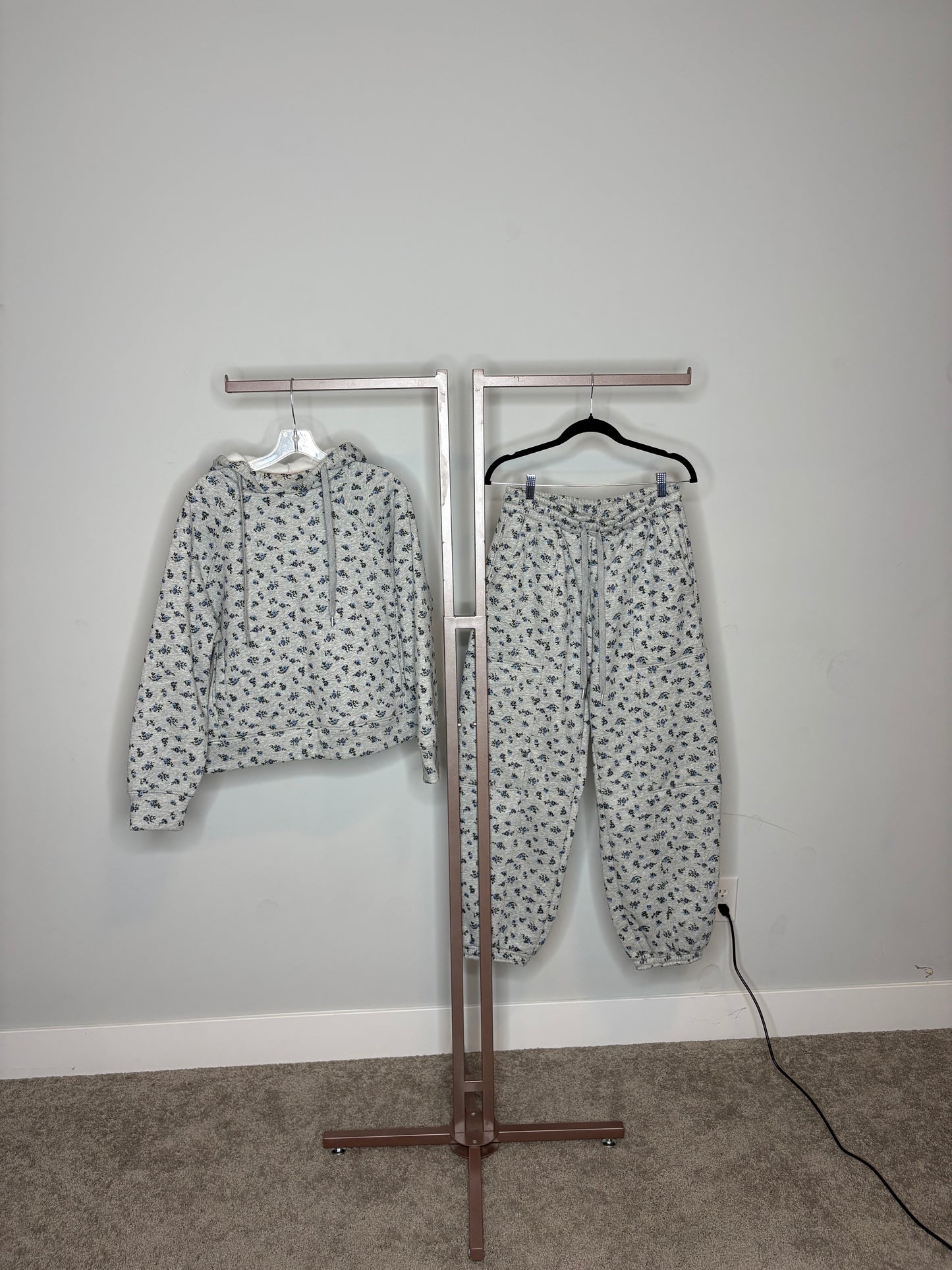grey sweatsuit set with blue floral design