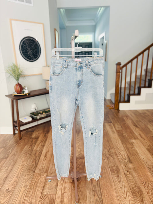 Light Wash Slightly Distressed Straight Jeans