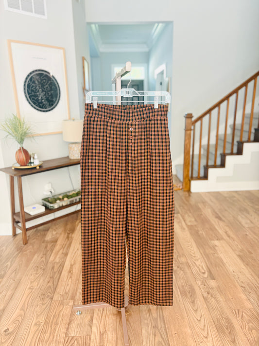 Brown and Black Checkered Print Elastic Pants