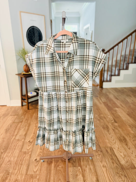 Grey Flannel Print Button Down Dress