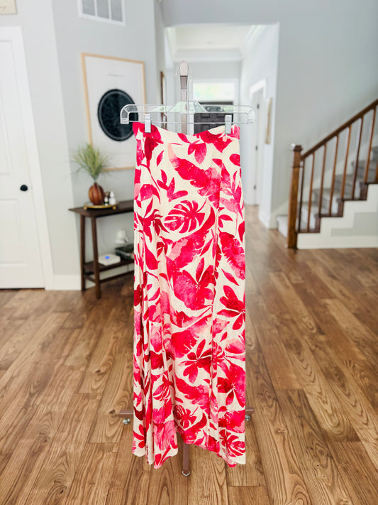 Cream and Pink Floral Print Maxi Skirt