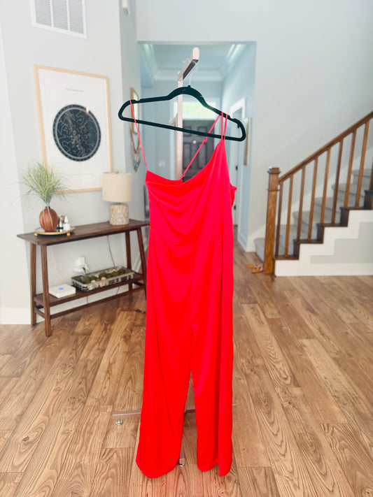 Red Satin One Shoulder Jumpsuit