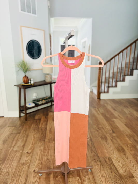 Pink and Orange Color Block Ribbed Dress