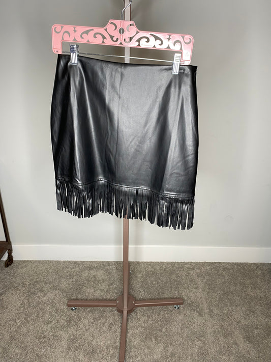 Black Faux Leather Fringe Skirt