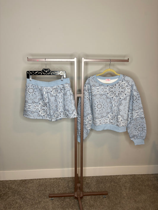 light blue bandana design shorts and sweater set