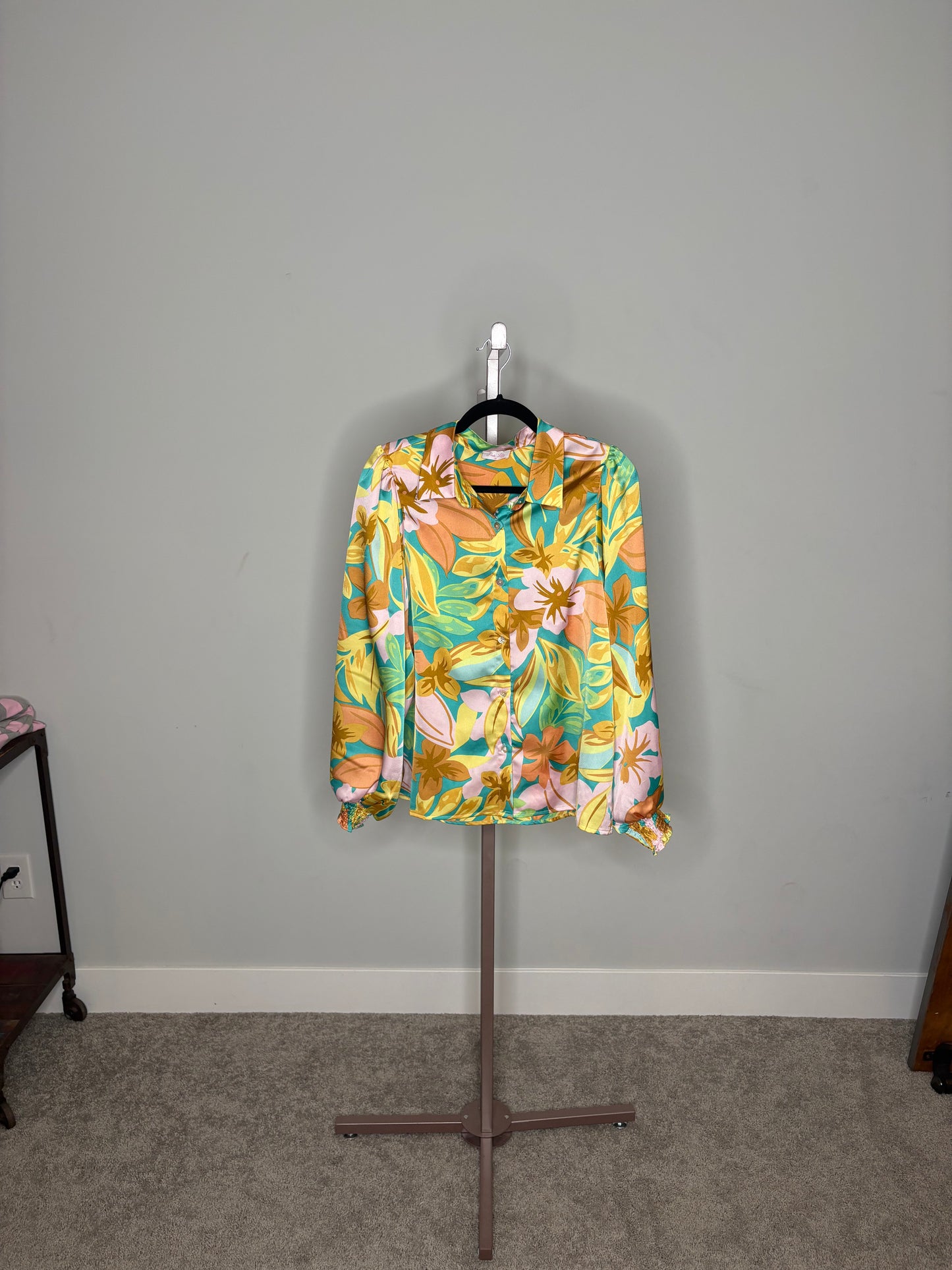 green multicolor floral button up