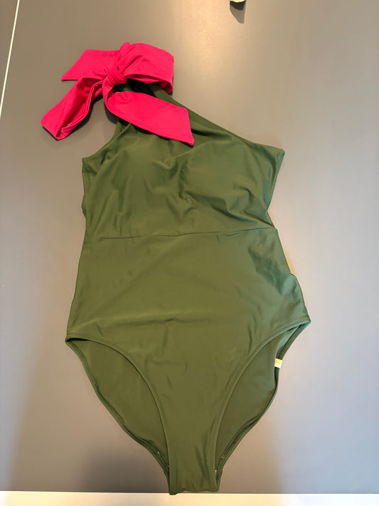 Green one piece bathing suit with pink bow