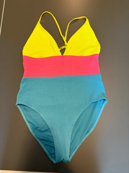 neon yellow, pink and blue one piece bathing suit