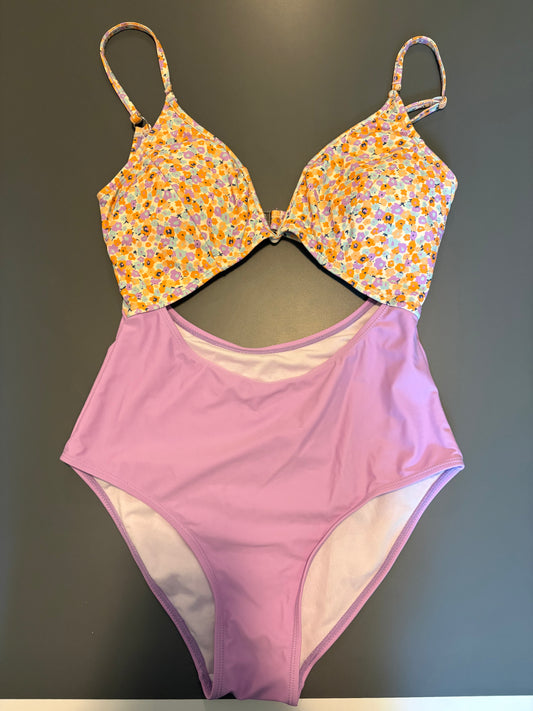 floral top with purple bottom one piece bathing suit