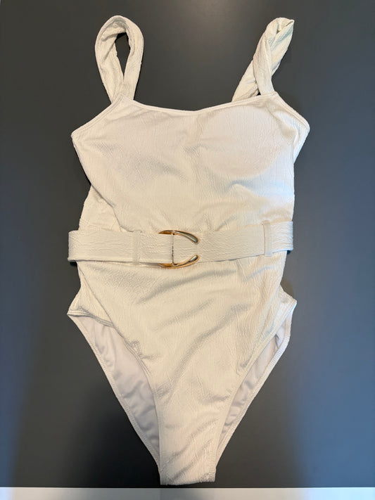 white one piece bathing suit with gold accent