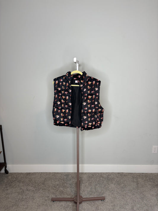 black corduroy vest with floral design