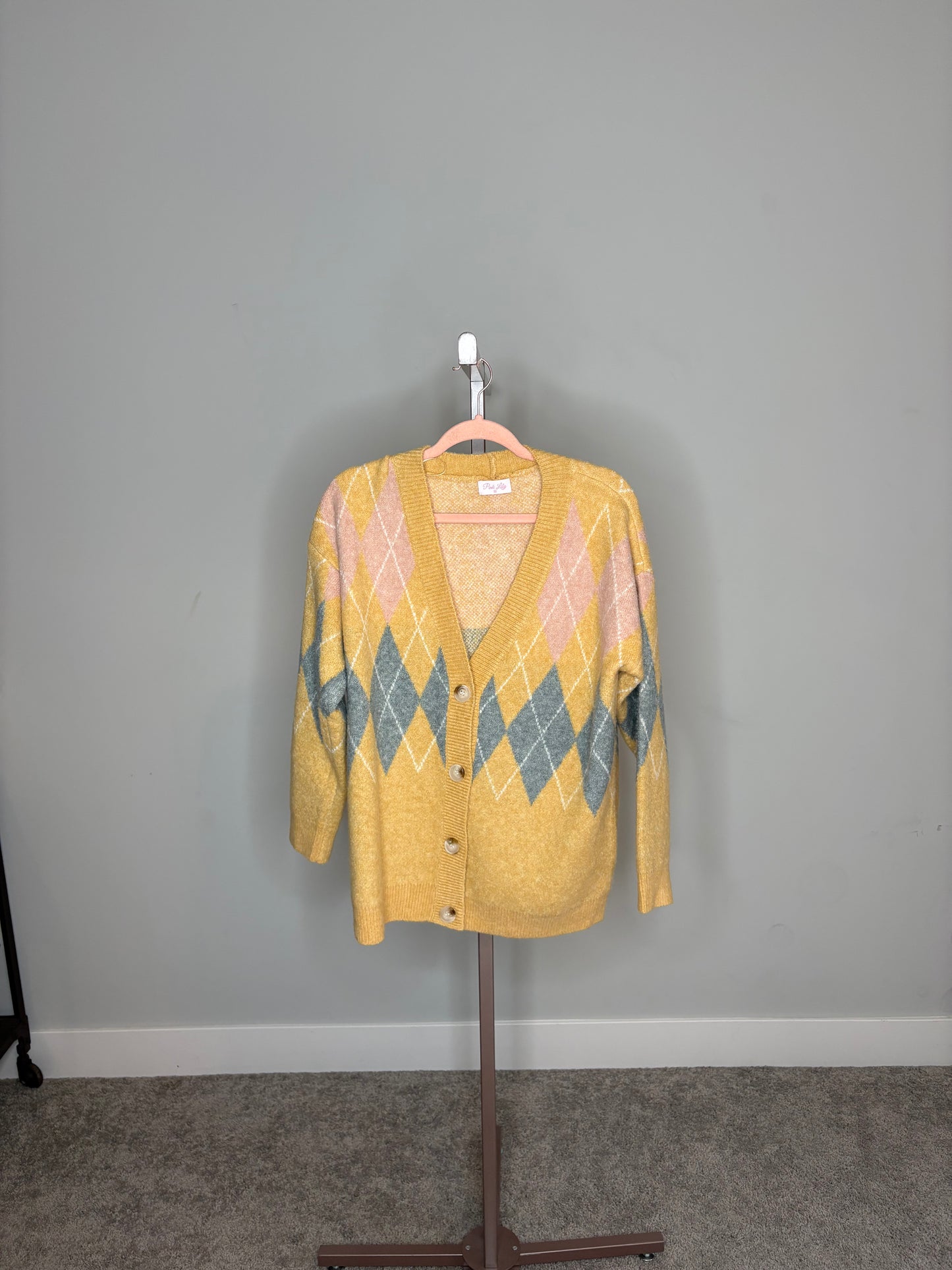 yellow argyle sweater