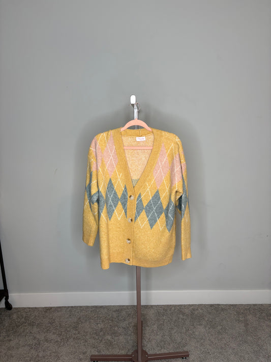 yellow argyle sweater