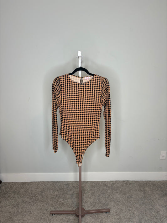 brown and black houndstooth bodysuit