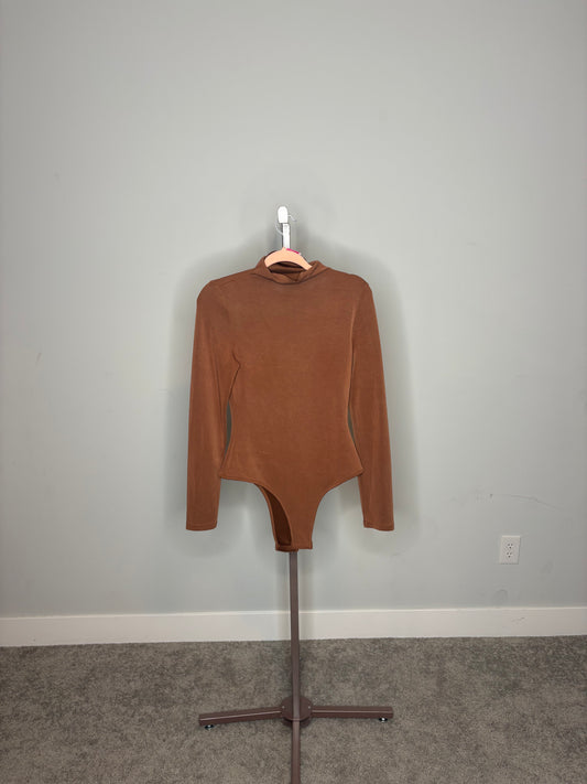 brown mock neck body suit