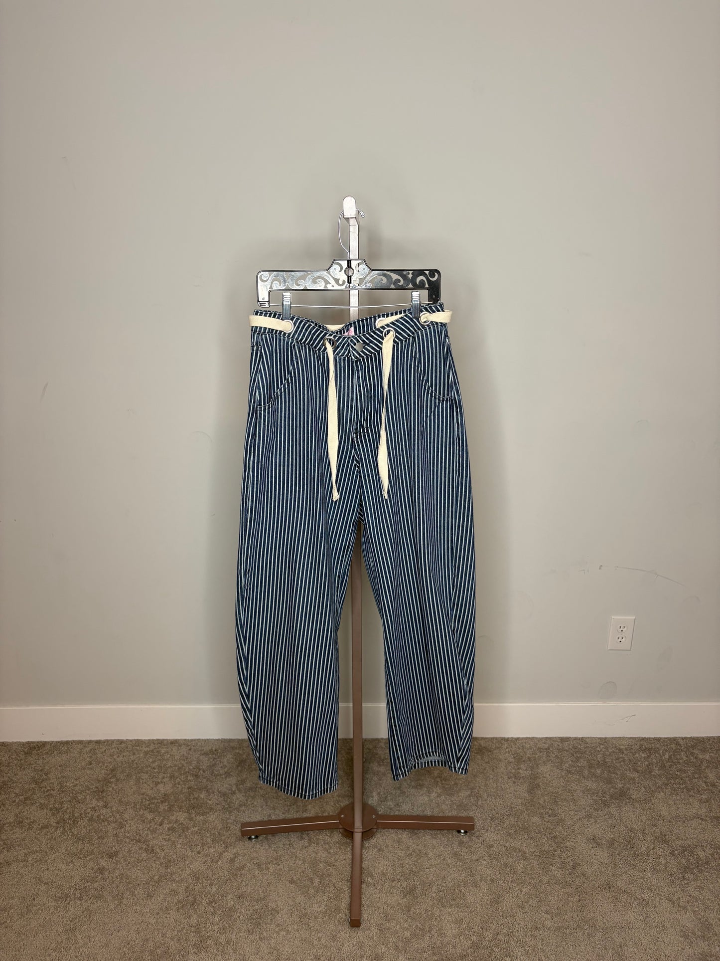 blue and white pinstripe barrel jeans