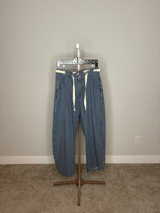 blue and white pinstripe barrel jeans
