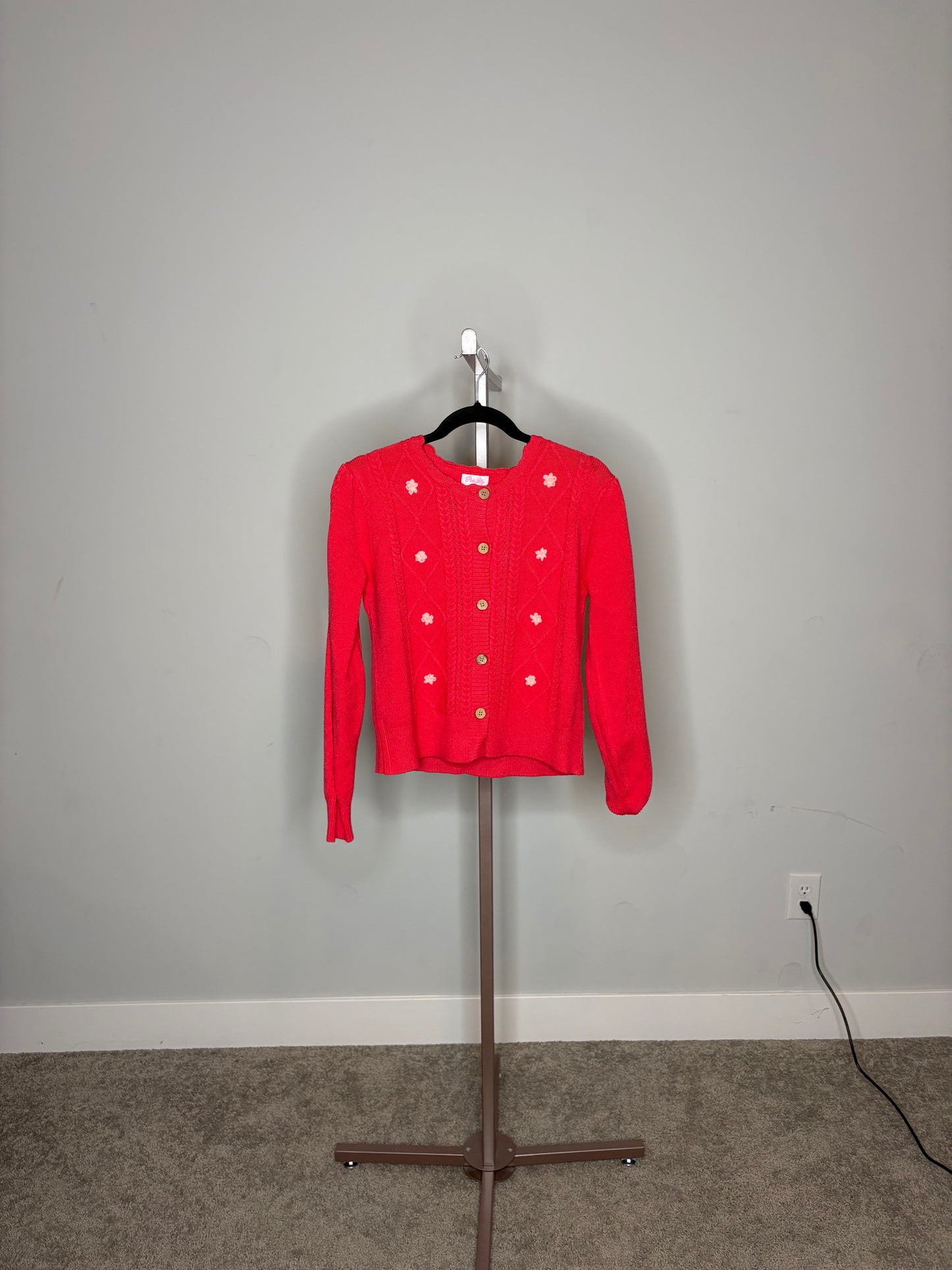red knit cardigan with embroied flowers