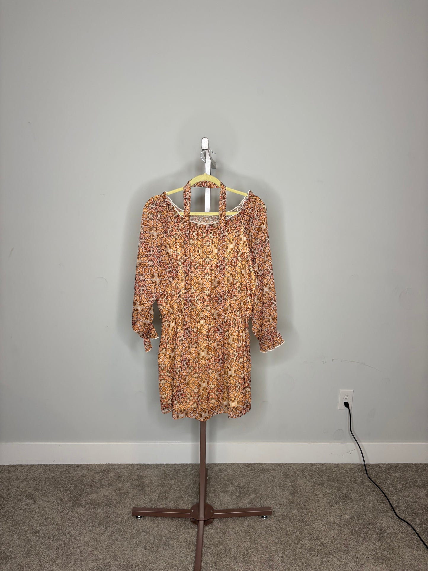 orange designed belted dress