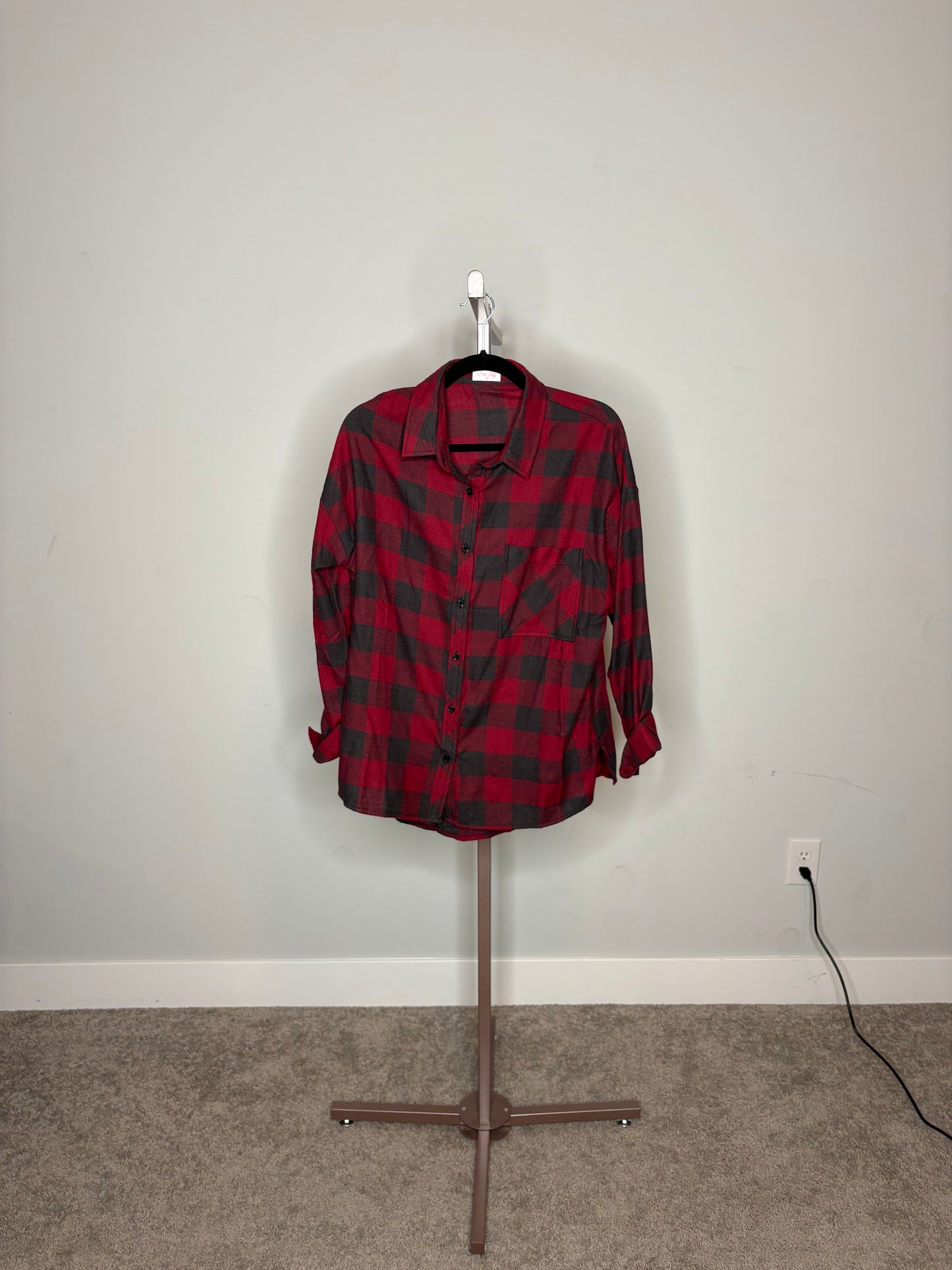 red and grey plaid flannel button up